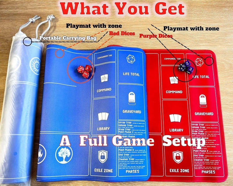 HaoSiTeck Card Game MTG Playmat for Beginner 2 Pack with Dices, Magic Mat Commander Deck Playmat for TCG MTG Accessories Play Mat 24x14 Inches Duel Card Battles, Red/Blue - Image 2